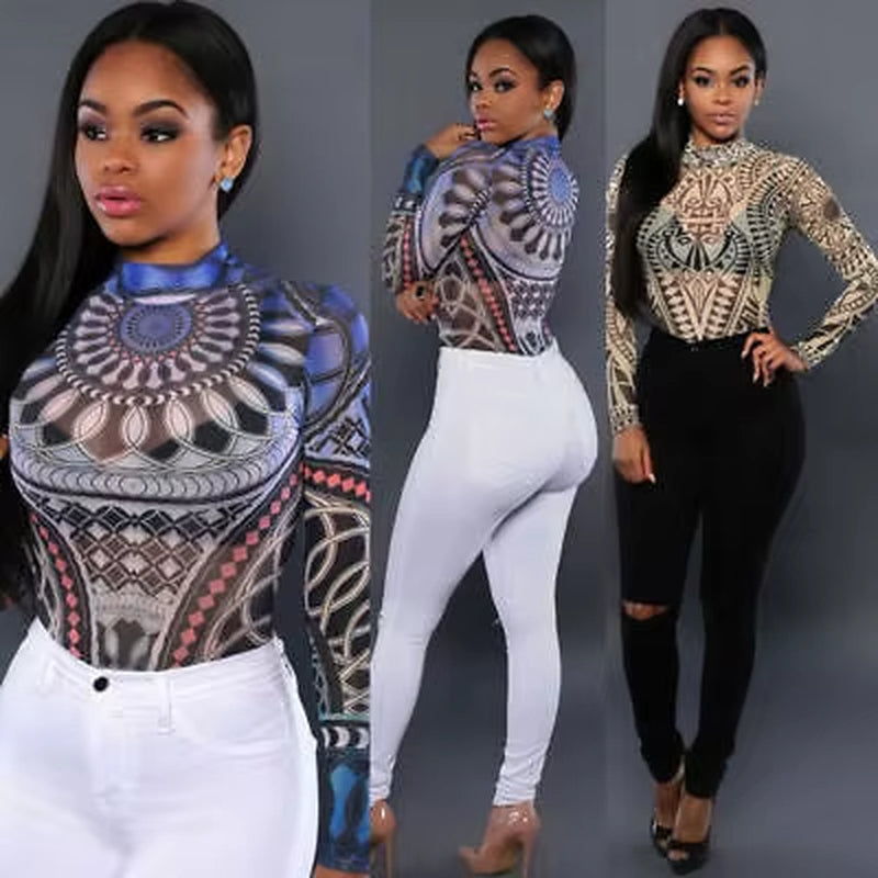 Women’s Sexy Mesh Bodysuit – Tattoo Print Sheer Romper Playsuit 
