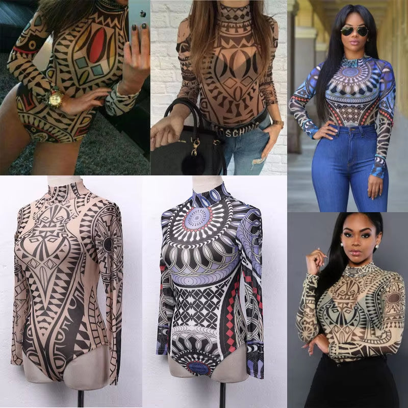 Women’s Sexy Mesh Bodysuit – Tattoo Print Sheer Romper Playsuit 