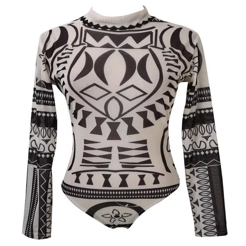 Women’s Sexy Mesh Bodysuit – Tattoo Print Sheer Romper Playsuit 