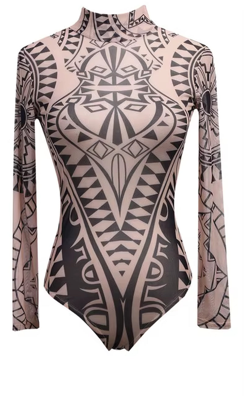 Women’s Sexy Mesh Bodysuit – Tattoo Print Sheer Romper Playsuit 