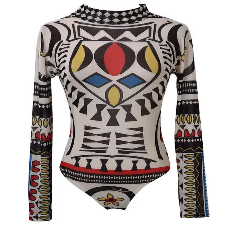 Women’s Sexy Mesh Bodysuit – Tattoo Print Sheer Romper Playsuit 