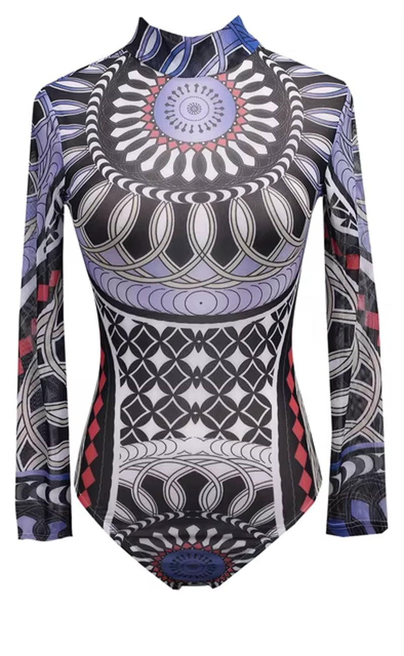 Women’s Sexy Mesh Bodysuit – Tattoo Print Sheer Romper Playsuit 